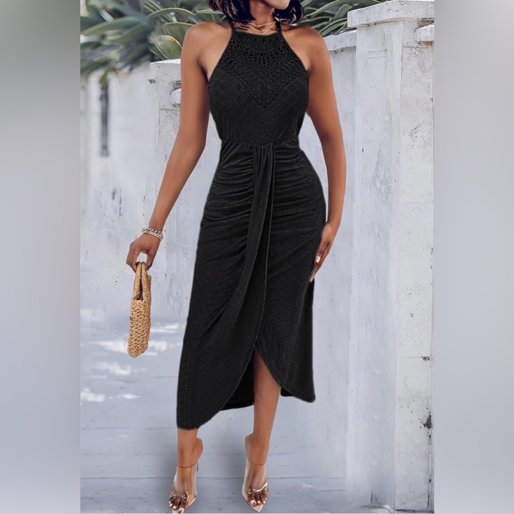 CHICME Halter Dress Hollow Out A Line with Eyelet Embroidery & Side Slit Plus - Picture 4 of 12
